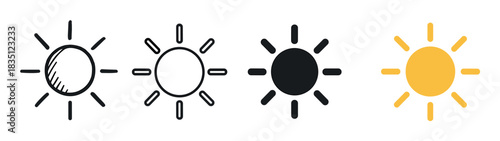 Collection of four sun icons in different graphic styles, including a hand-drawn doodle, a simple outline, a solid black glyph, and a yellow flat color symbol for weather