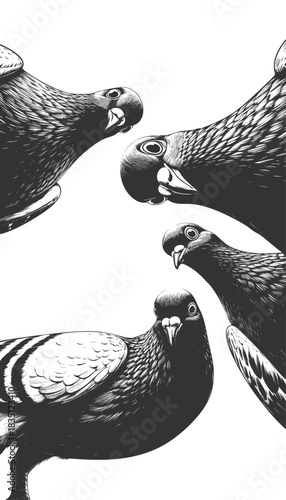 pigeons looking down, humorous visual concepts sketch engraving generative ai fictional character vector illustration. Scratch board imitation. Black and white image.