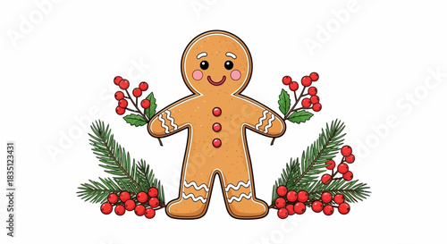 Cute Gingerbread Man with Festive Holly and Pine Branches.