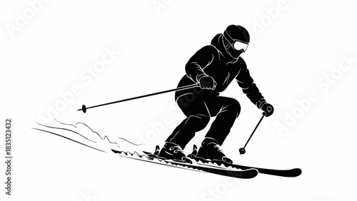 Silhouette of a skier carving down a snowy slope with speed and precision.