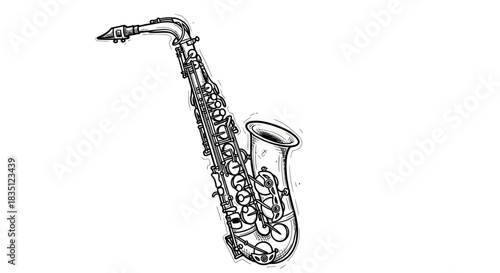 Detailed Line Art Drawing of a Classic Saxophone Musical Instrument.