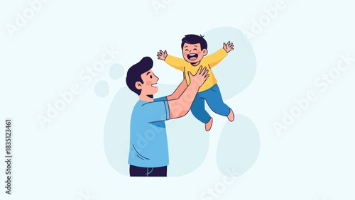 Happy father lifting his laughing son in the air cartoon illustration.