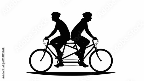 Silhouette of two people riding a tandem bicycle together.