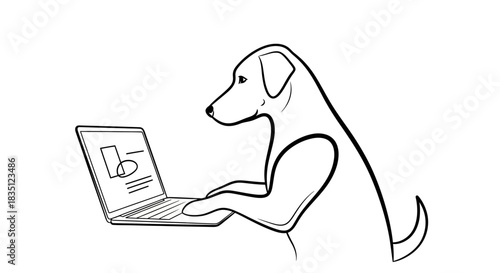 Dog working on a laptop computer, line art illustration.