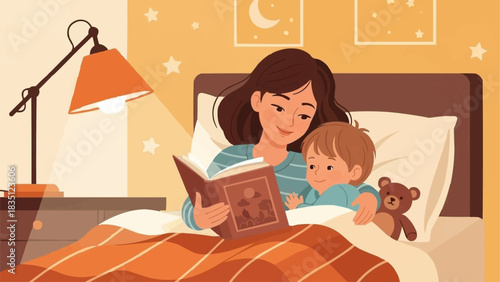 Mother reads a bedtime story to her child in bed.