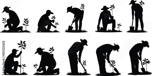 Tree, planting, process, silhouette, posture, gesture, sapling, shovel, soil, kneeling, digging, patting, hat, vector, black, pose, setup, manual, environmental, flavector