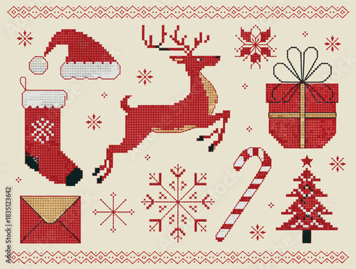 Red and Beige Pixel Art Design for Christmas: Festive Embroidered Border and Winter Icons