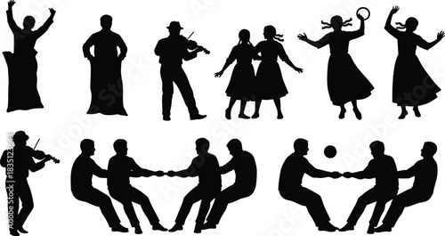 Traditional, recreational, activity, silhouette, posture, gesture, sack race, violin, dance, tambourine, tug-of-war, ball, vector, black, pose, setup, movement, group, cultural, flavector