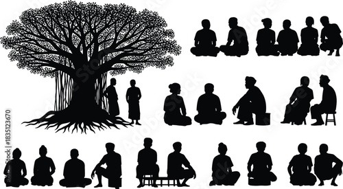 Tree, gathering, silhouette, posture, banyan, conversation, sitting, standing, reflection, vector, black, pose, setup, community, tradition, culture, meditation, learning, storytelling, flavector