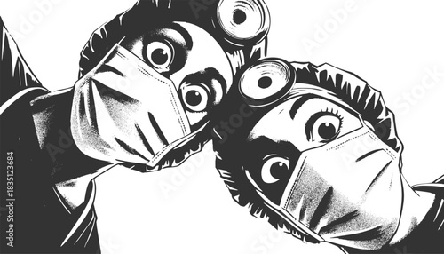two masked medical professionals peering downward, evoking surgery or emergency context sketch engraving generative ai fictional character vector illustration. Scratch board imitation. Black and white