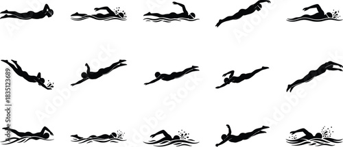 Swimming, technique, silhouette, posture, gesture, freestyle, dive, splash, stroke, water, motion, dynamic, sport, vector, black, pose, setup, aquatic, activity, flavector