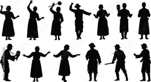 Traditional, costume, silhouette, posture, gesture, mask, stick, cultural, performance, attire, vector, black, pose, setup, heritage, expressive, movement, theatrical, historical, flavector
