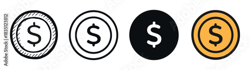 Four different dollar coin icons showing a variety of design styles, including a hand-drawn doodle, a clean outline, a solid black silhouette, and a simple flat color version