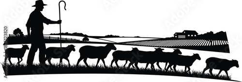 Shepherd, sheep, silhouette, posture, crook, walking, field, farmhouse, fence, rural, agriculture, vector, black, pose, setup, livestock, tradition, terrain, landscape, flavector