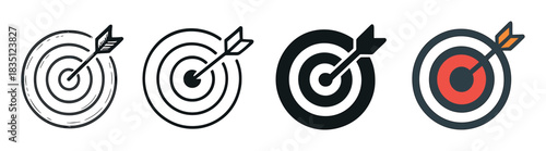 Set of four target icons with an arrow hitting the bullseye, showcasing various design styles including hand-drawn sketch, line art, solid silhouette, and flat color vector illustrations
