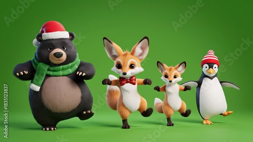Cute cartoon animal friends dancing in a row, festive christmas clips featuring a bear, fox, and penguin