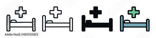 Set of four hospital bed icons with medical cross symbols presented in various graphic styles including line art, solid silhouette, doodle, and color fill for healthcare concepts