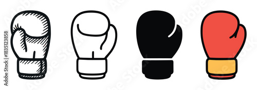 Boxing glove icon set with four different graphic styles including a hand-drawn sketch, a clean outline, a simple black silhouette, and a flat color version