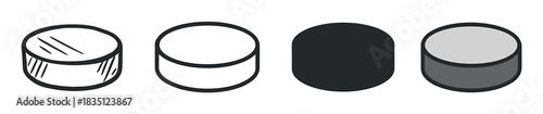Hockey puck icon set in various graphic styles including line art, silhouette, and flat design for sports and winter game concepts