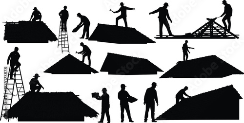 Roofing, work, silhouette, posture, gesture, ladder, hammer, shingle, inspection, tool, material, frame, roof, vector, black, pose, setup, manual, construction, flavector