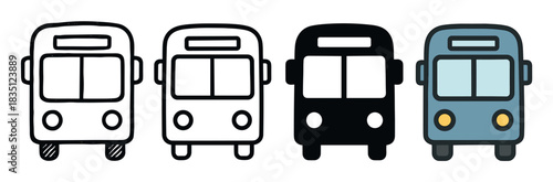 Set of four bus icons in different graphic styles including hand-drawn sketch, line art, solid silhouette, and flat color design for public transportation concepts