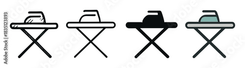 Collection of four iron on ironing board icons, featuring a variety of styles such as simple line art, a solid black glyph, a hand-drawn doodle, and a flat color illustration
