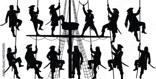 Pirate, rigging, silhouette, climbing, rope, posture, ship, deck, sword, vector, black, pose, setup, adventure, crew, mast, spar, costume, action, flavector