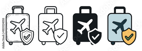 Travel insurance icon set with luggage, airplane, and shield symbols in various styles including hand drawn doodle, line art, glyph, and flat color for safety concepts