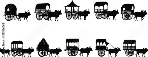 Ox, cart, silhouette, posture, gesture, canopy, barrel, container, rural, transport, tradition, wheel, vector, black, pose, setup, manual, cultural, livestock, flavector