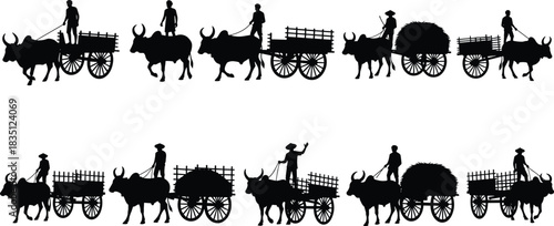 Ox, cart, silhouette, posture, transport, rural, hay, goods, walking, tradition, vector, black, pose, setup, agriculture, labor, tool, passenger, wheel, flavector