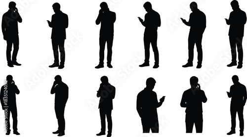 Mobile, phone, silhouette, posture, gesture, standing, interaction, device, screen, ear, hand, vector, black, pose, setup, technology, usage, communication, digital, flavector