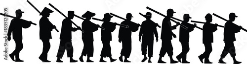 Laborer, pipe, carrying, silhouette, posture, gesture, shoulder, walking, group, unity, tool, vector, black, pose, setup, manual, effort, migration, teamwork, flavector