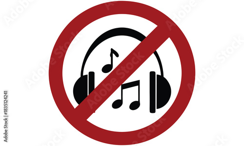 No Music Sign Vector – Prohibited Sound Symbol, Silence Zone Icon, Headphone Ban Graphic