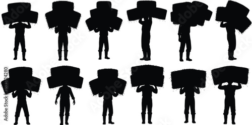 Hay, bale, carrying, silhouette, posture, shoulder, labor, agriculture, rural, straw, boot, vector, black, pose, setup, manual, effort, field, transport, flavector