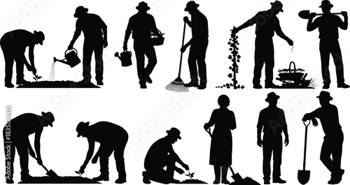 Gardening, activity, silhouette, posture, gesture, planting, watering, raking, digging, basket, shovel, tool, climbing, plant, vector, black, pose, setup, manual, flavector