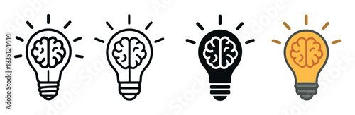 Lightbulb with brain icons set in various styles including line art, solid glyph, and color, symbolizing creativity, innovation, and bright ideas