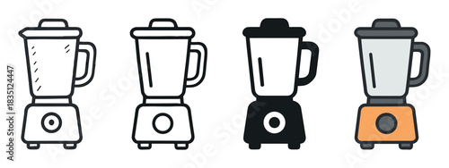 Four kitchen blender icons in different styles presented as a collection of minimalist vector illustrations, including line art, silhouette, and colored versions of the appliance