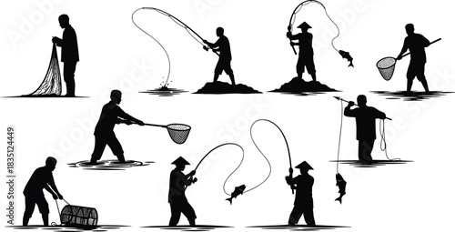 Fishing, activity, silhouette, posture, gesture, rod, net, trap, catch, water, land, vector, black, pose, setup, traditional, recreational, manual, technique, flavector
