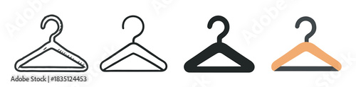 Set of four clothes hangers illustrated in different styles, including doodle, outline, silhouette, and flat design for fashion, retail, or wardrobe concepts