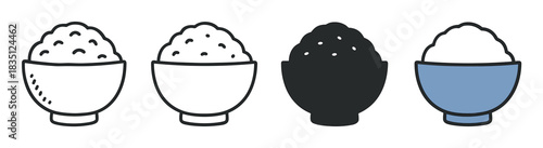 Four bowls of cooked white rice icons presented in a set with various styles, including line art, simple outline, solid black silhouette, and a flat colored version