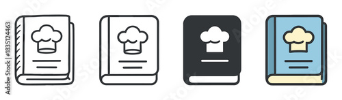 Set of four cookbook vector icons with a chef hat symbol in various styles including line art, glyph, and color fill for culinary and recipe applications