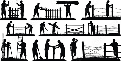 Fence, construction, silhouette, teamwork, posture, hammer, saw, plank, wire, ladder, vector, black, pose, setup, digging, inspection, installation, manual, labor, flavector