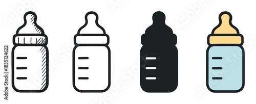 Set of four baby bottle icons in different artistic styles including hand-drawn sketch, simple line art, solid black silhouette, and a colored version