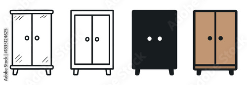 Set of four wardrobe icons presented in various design styles, including a detailed line drawing, a simple outline, a solid black glyph, and a flat color illustration of a cabinet