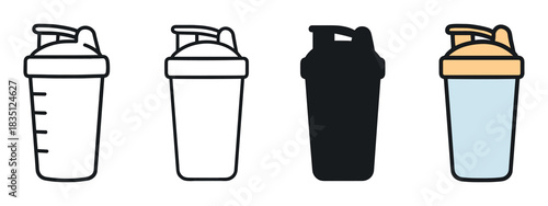 Set of protein shaker bottle icons in various styles including line art, silhouette, and flat color, representing fitness, sports nutrition, and a healthy gym lifestyle