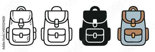 Four backpack icons in different graphic styles, including a hand-drawn doodle, a simple outline, a black silhouette, and a colored version for school or travel