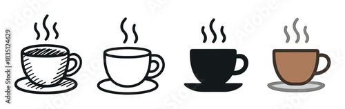 Four coffee cup icons in various styles including sketch, outline, silhouette, and flat color, illustrating a steaming hot beverage on a saucer for a cafe or restaurant menu