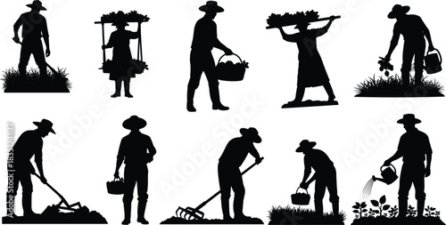Farming, gardening, silhouette, harvest, posture, digging, watering, hoe, rake, basket, vector, black, pose, setup, manual, labor, crop, field, tool, flavector