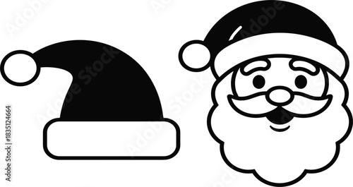 Santa Claus Icon Set: Traditional Christmas Hat and Happy Face Head Outline Vector