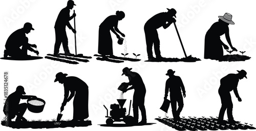 Farming, gardening, activity, silhouette, posture, gesture, planting, hoeing, watering, harvesting, basket, tool, vector, black, pose, setup, rural, manual, cultivation, flavector